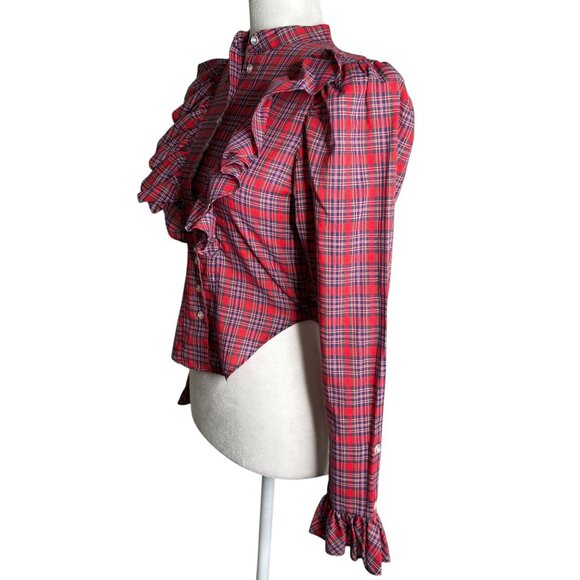 Vintage 80s Nordstrom Point Of View Red Plaid Ruffle Button-Up Blouse Size XS - Picture 3 of 6